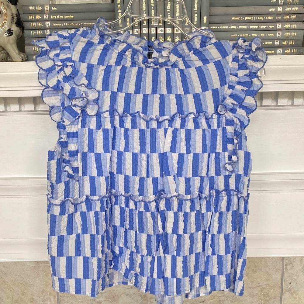 Blue and White Striped Ruffle Top